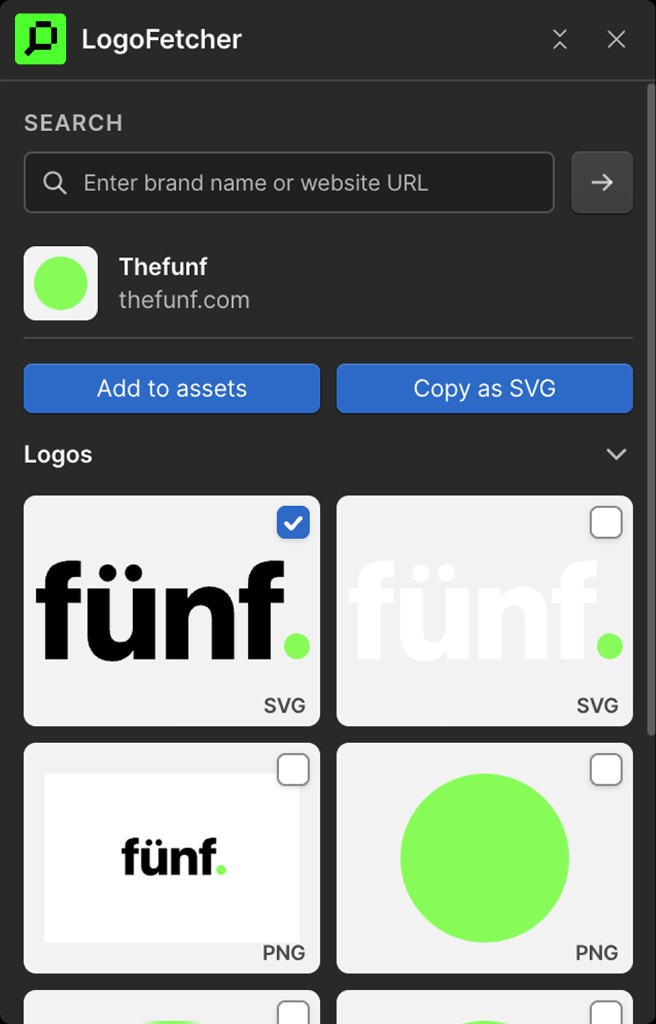 LogoFetcher extension interface showing brand logo search and asset selection in Webflow