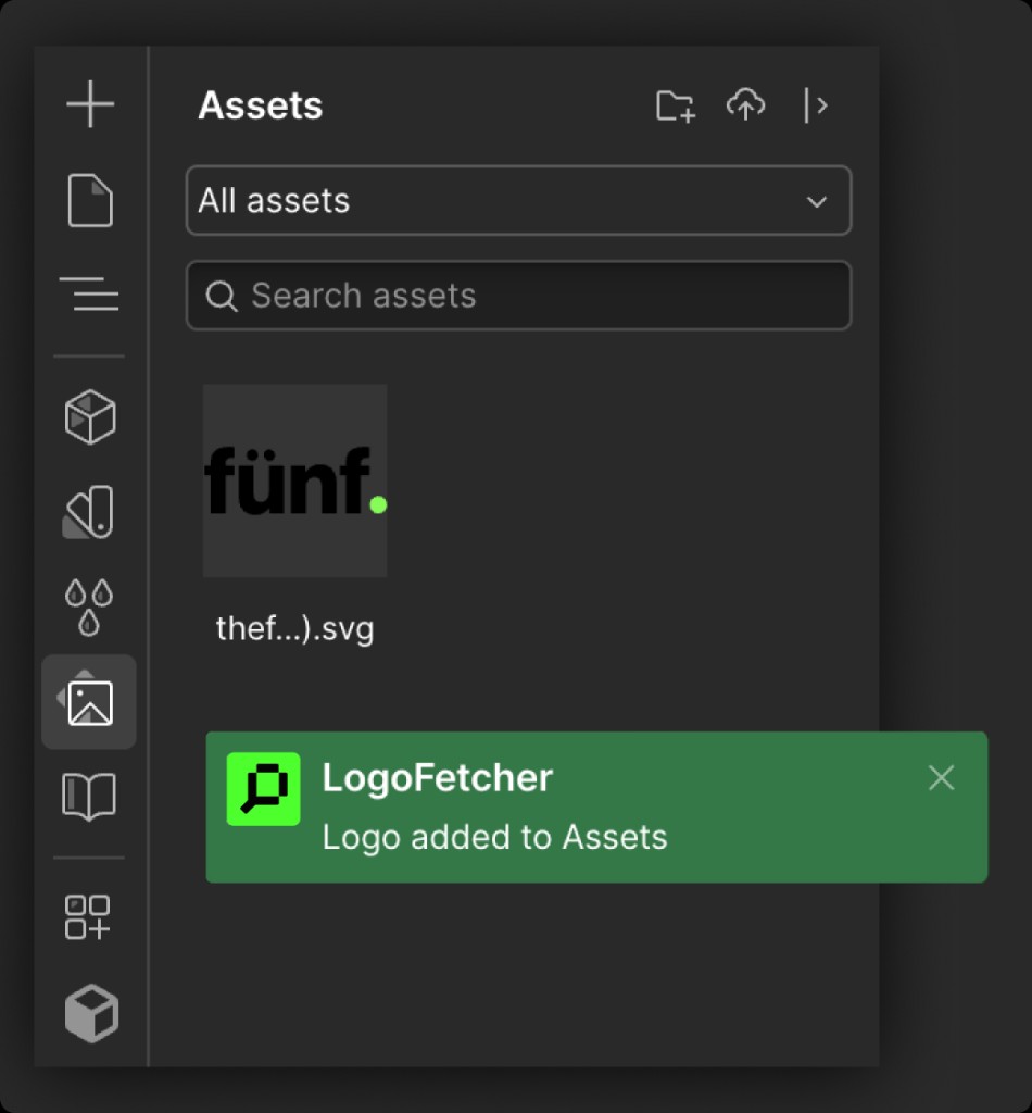 Webflow Assets panel showing logo added by LogoFetcher